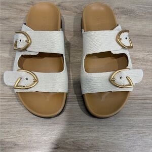 Rothy's Cream Sandals with Gold Buckles